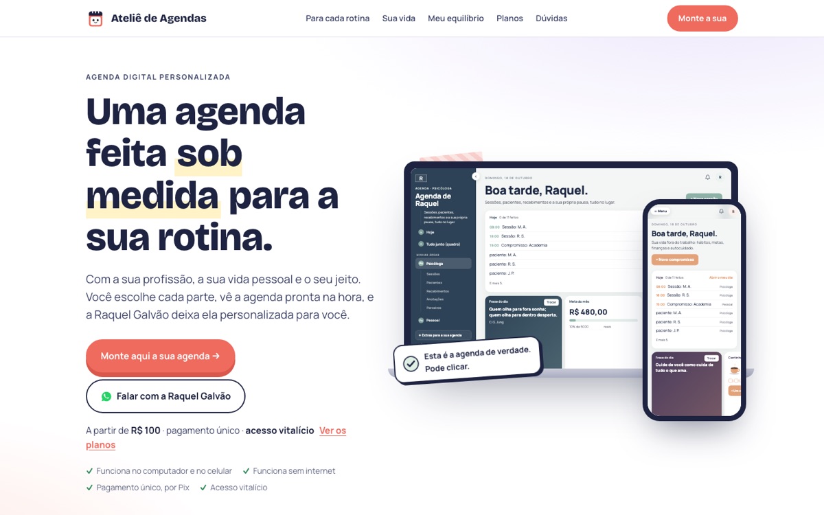 Página inicial do Ateliê de Agendas: uma agenda feita sob medida para a sua rotina, com a agenda aberta no computador e no celular